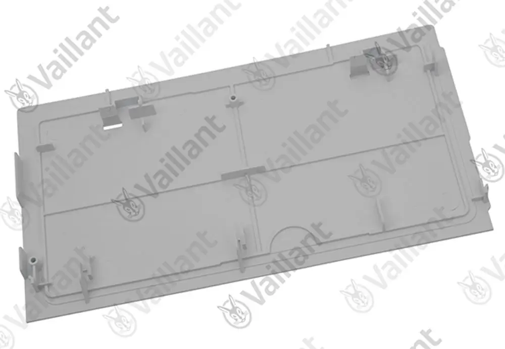 Halter von Vaillant in rechteckiger Form, aus hellem Kunststoff gefertigt. Das Bauteil hat mehrere Aussparungen und Halterungen zur Befestigung.